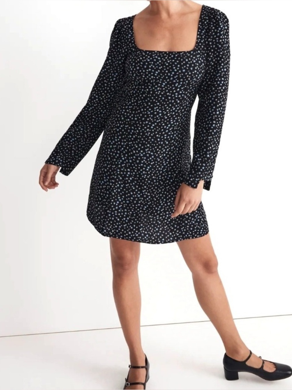 Madewell Square Neck Navy Floral Long-Sleeve Mini Dress Size-4